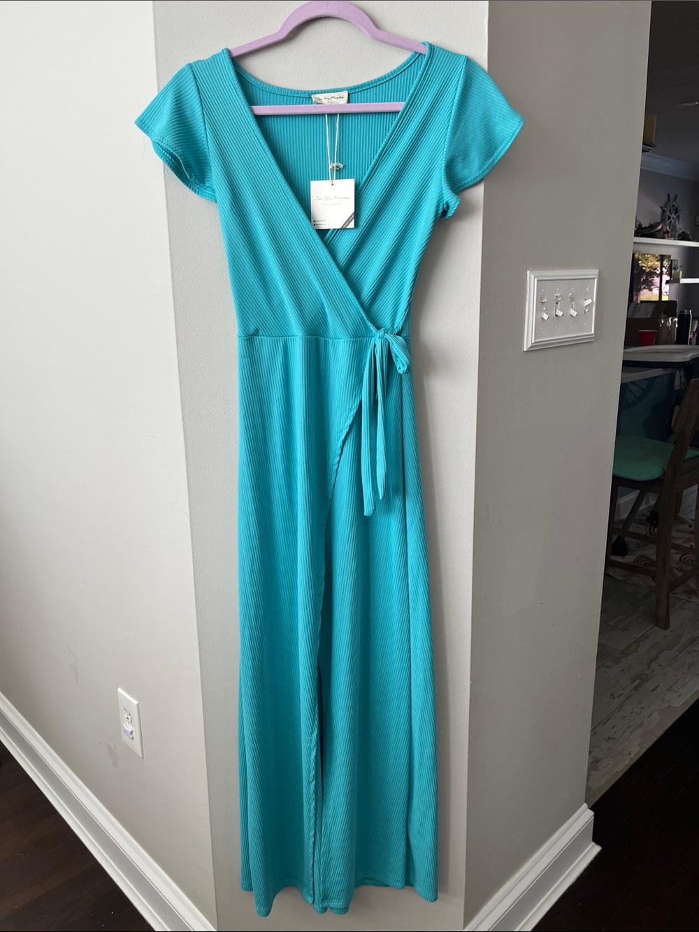 See You Monday Turquoise Ribbed Wrap Maxi Dress